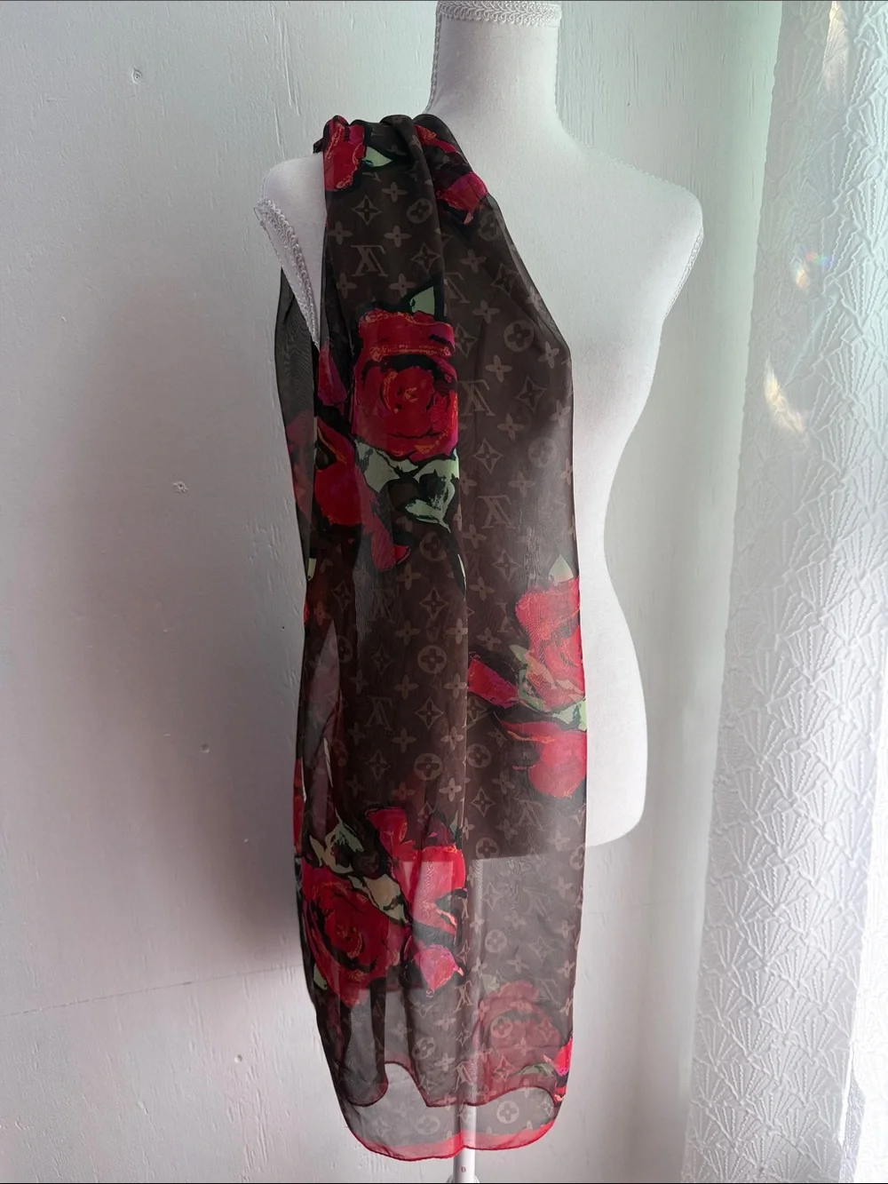 Louis Vuitton Brown Scarf with Red Rose Print